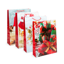 Karácsonyi ajándéktasak - papír - 330 x 102 x 457 mm - 4 féle / csomag - 12 db / csomag